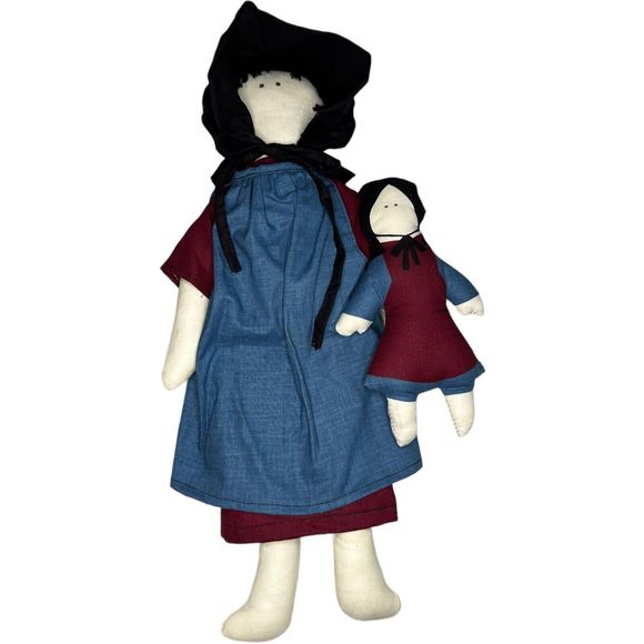 Pair of Amish Folk Art Handmade Primitive Cloth Dolls Mother & Child 17” - Picture 1 of 15